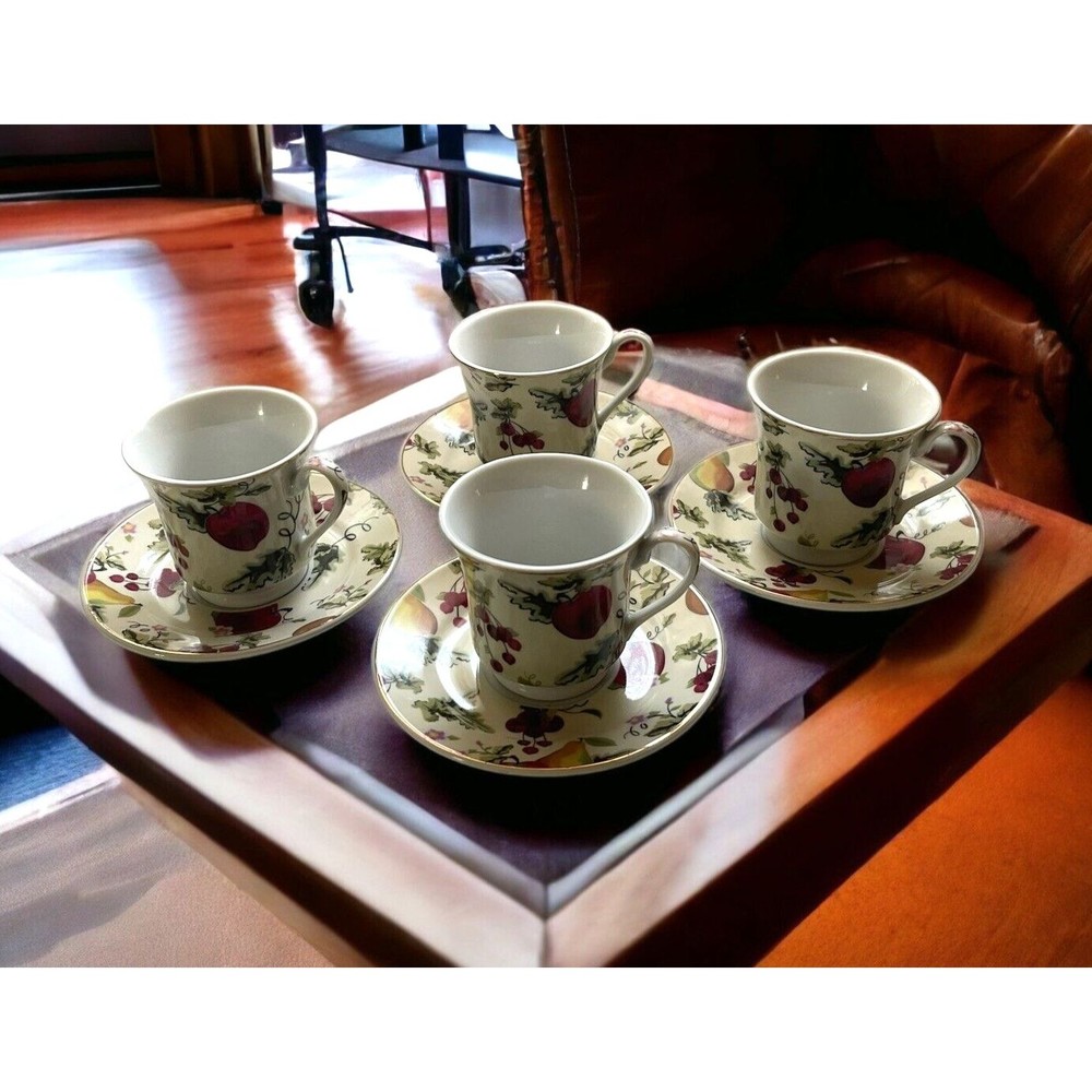 Darice 4 Footed Teacups 4 Saucers Fancy Set Apple Cherrie Pear Fine China